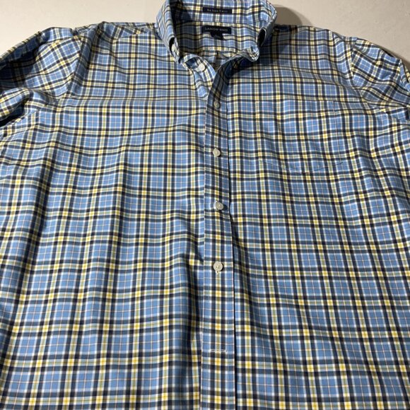 Lands End Mens No Iron Twill Plaid Button-Down Shirt Blue Yellow Size L - Picture 2 of 7